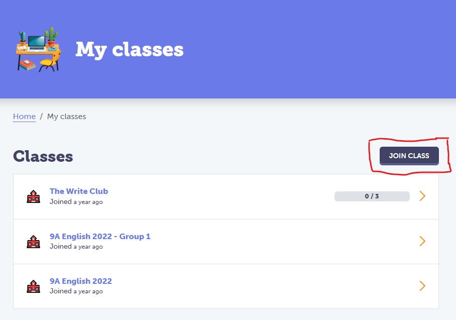 The student My Classes page has a join class button at the top right of the class list