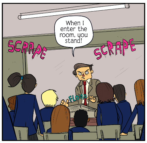 Comic panel of teacher shouting at students to stand when he enters, and students doing so