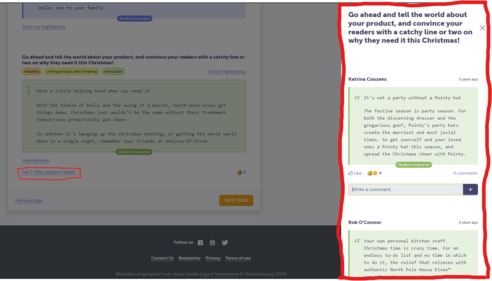 Students can click to see other students' replies from the lesson page, and can react and leave comments for other students.