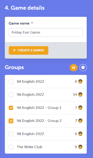 When creating a game in the teacher panel, you can assign the game to multiple groups—great for assigning the same game to multiple small groups in a class!
