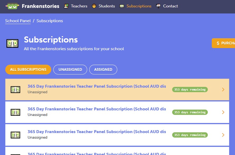 Click on subscriptions listed in your school subscriptions view to assign the subscription to a specific teacher