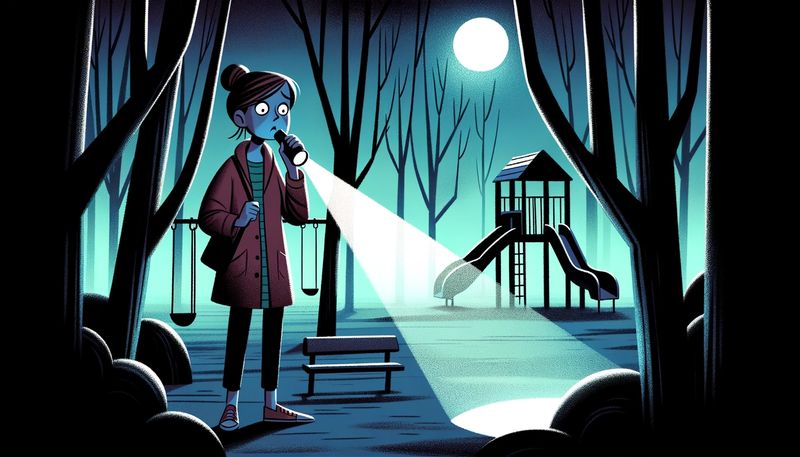Illustration of a single mom, with a look of concern on her face, scanning the surroundings of a silent and eerie playground at night
