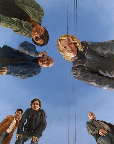 People in a painting lean into the frame looking straight down or directly at the viewer with sky behind them