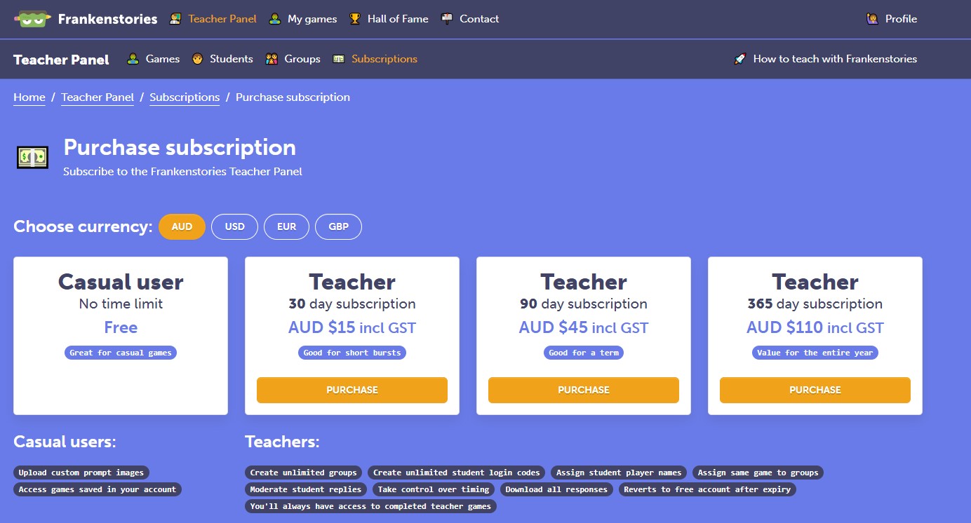 The subscriptions page in the teacher panel shows our current subscription options and prices, in various currencies