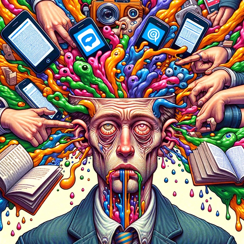 An editorial illustration depicting an influx of internet making you dumber