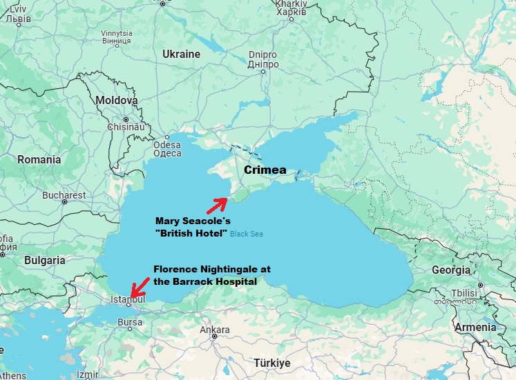 Map showing Mary Seacole's British Hotel on the Crimean Peninsula and Florence Nightingale's posting at the Barrack Hospital in Istanbul, Turkiye