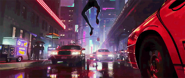 Spider-Man running through taxis