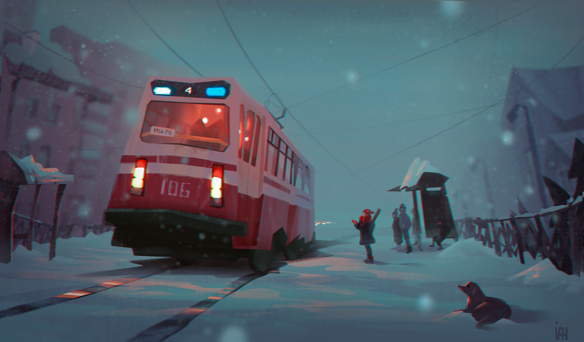 passengers wait for tram in deep snow valerie-zaslavskaya 2