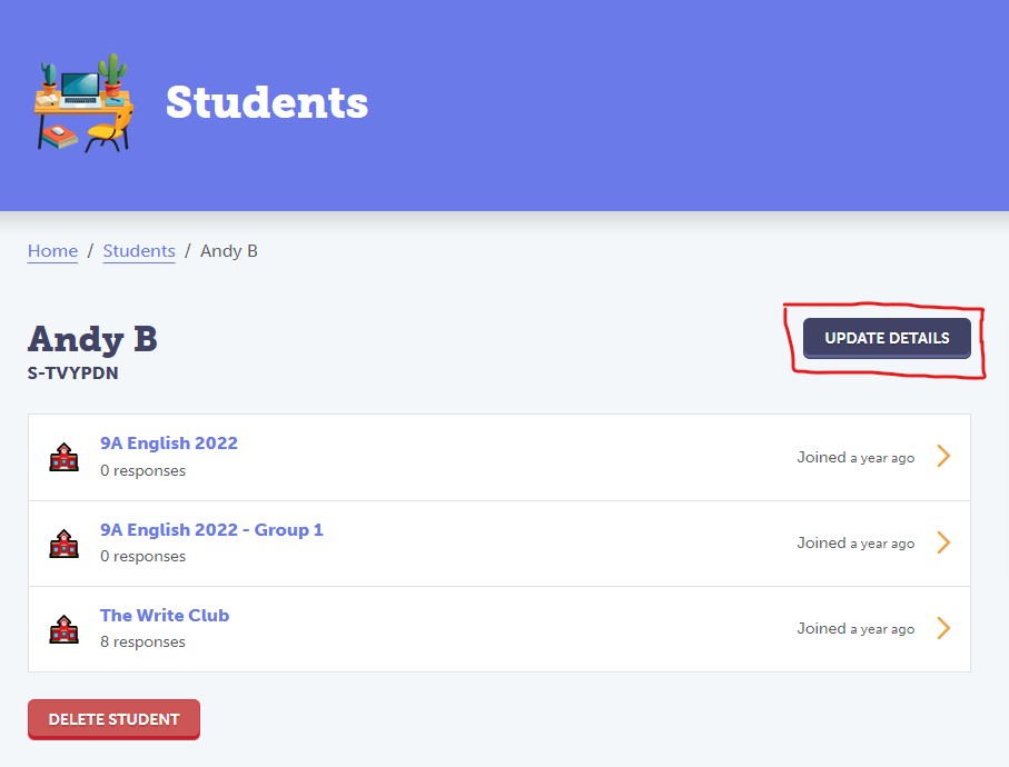You can find the update details button when viewing an individual student from the students view