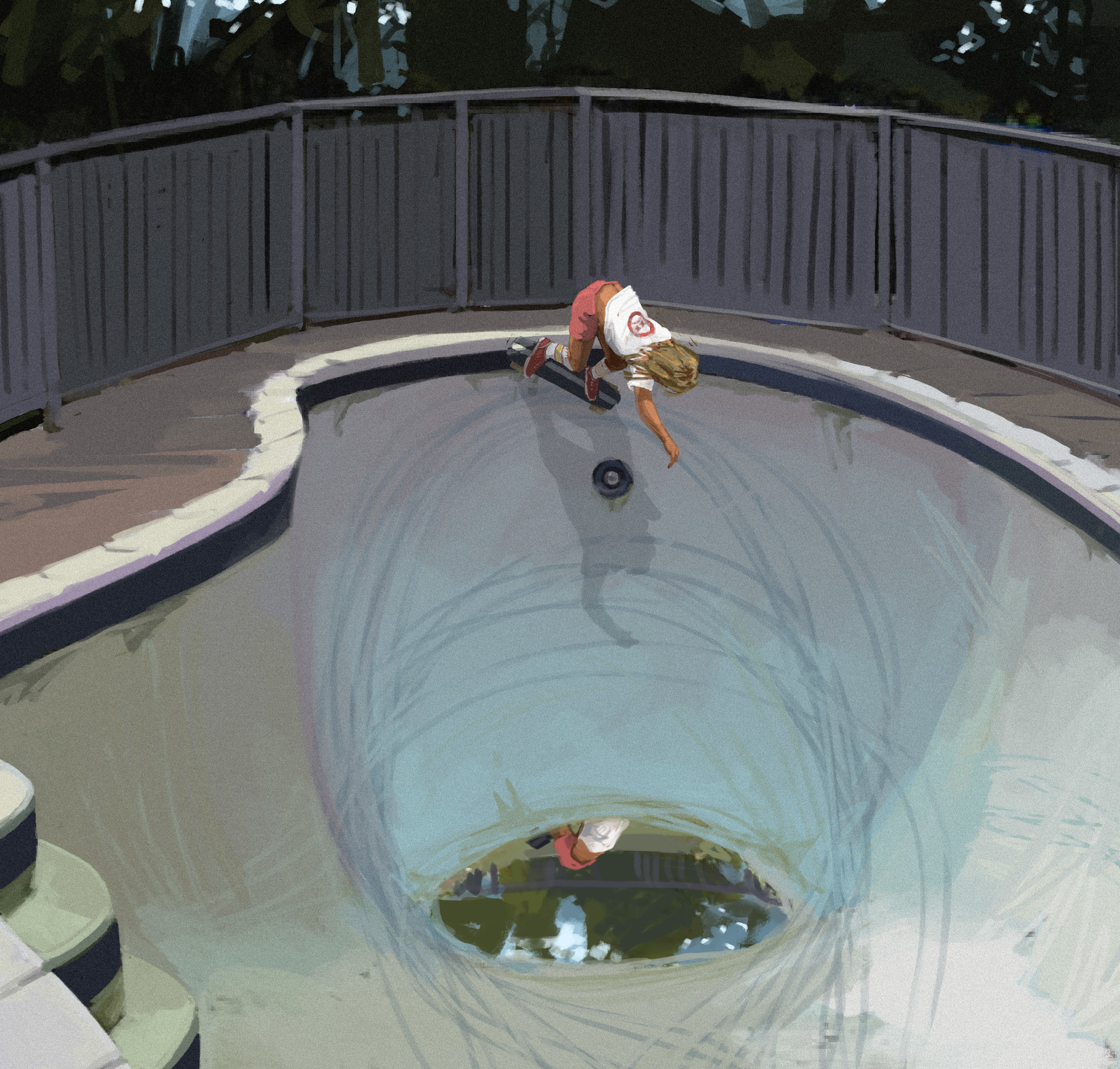 Boy skateboards in empty pool