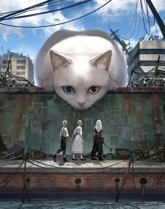 A giant cat stares over a wall at some teenagers walking past in a post apocalyptic city