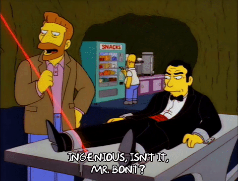 Hank Scorpio gloats over Mr Bont being bisected by a laser while Homer tries to get snacks from a vending machine in the background