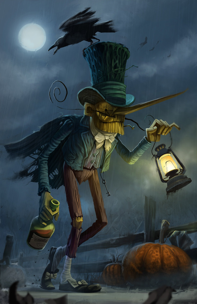 creepy well dressed scarecrow prowls through a farm at night