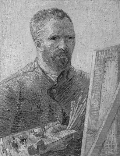 Van Gogh portrait with palette greyscale so that beard and jacket look the same and palette has nothing on it