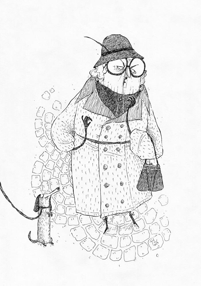 sketch of an older woman with large glasses, hat, coat, and dog on leash