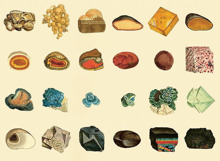 Grid of beautiful 19th century paintings of minerals