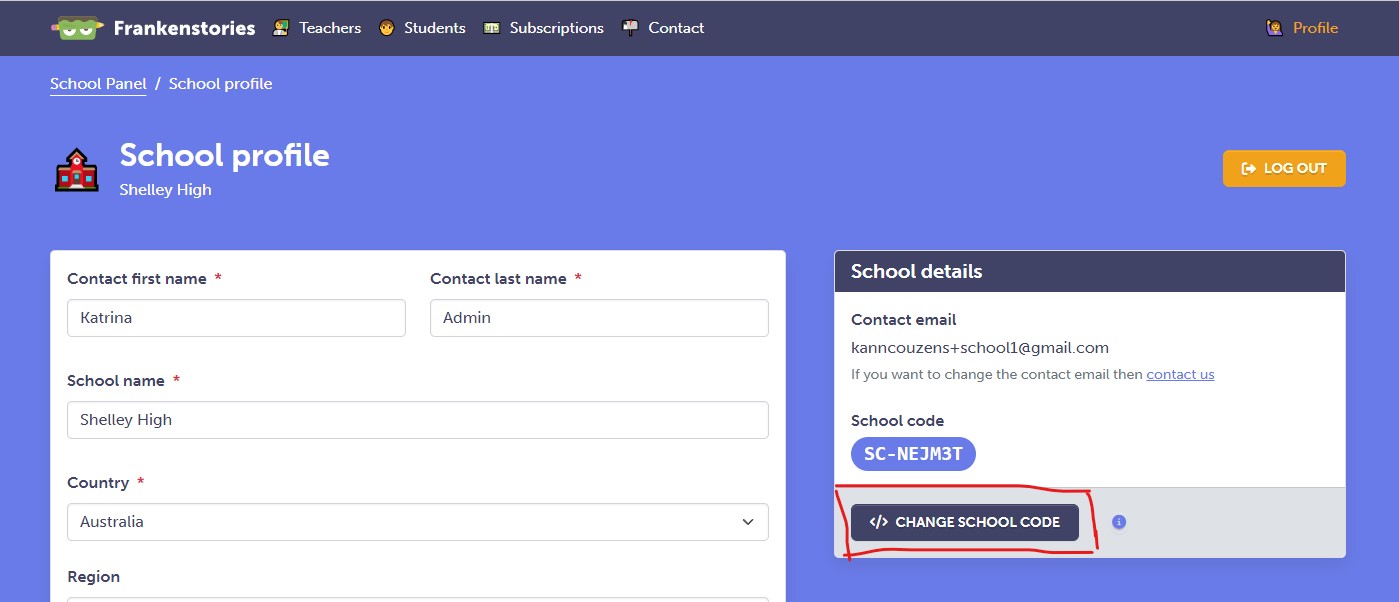 You can change your school code with the click of a button on your school profile page.