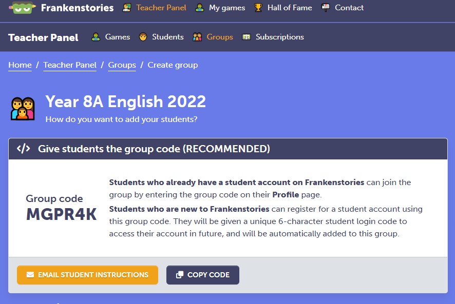 After you create a group, the group code and instructions for inviting students will be displayed