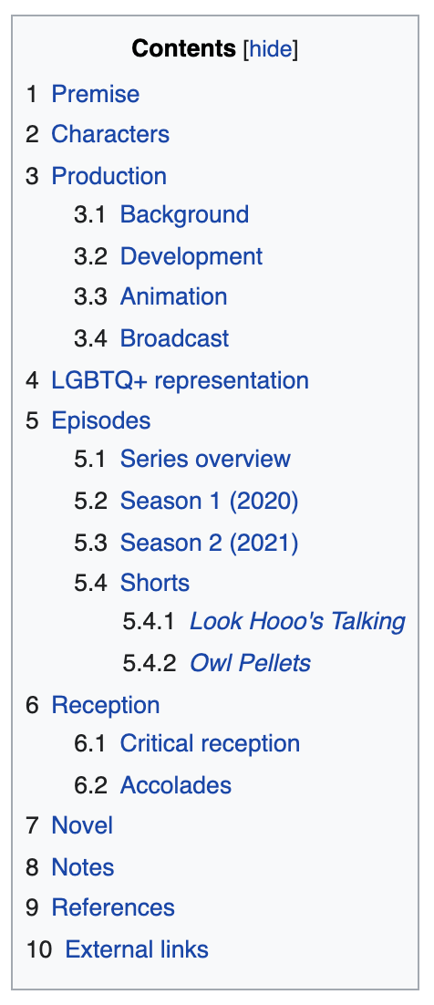 Wikipedia Owl House table of contents