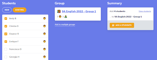 When adding students to a group manually, you can select from a list of your existing students