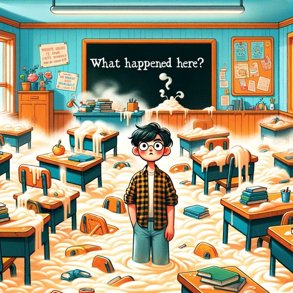 An illustration depicting a comical mystery in a classroom setting. The scene features a young Asian student standing in a classroom full of piles of