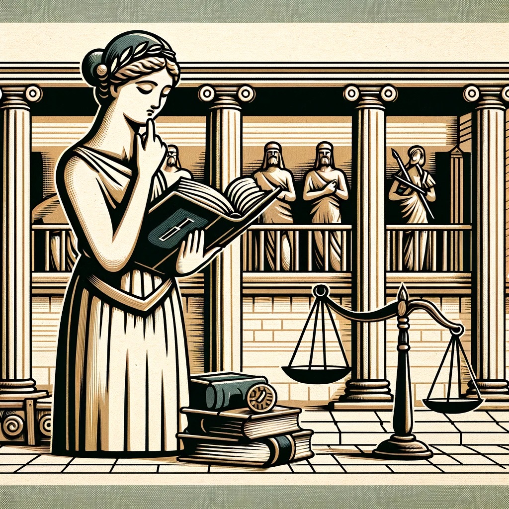 The ancient Roman goddess of justice checks a dictionary