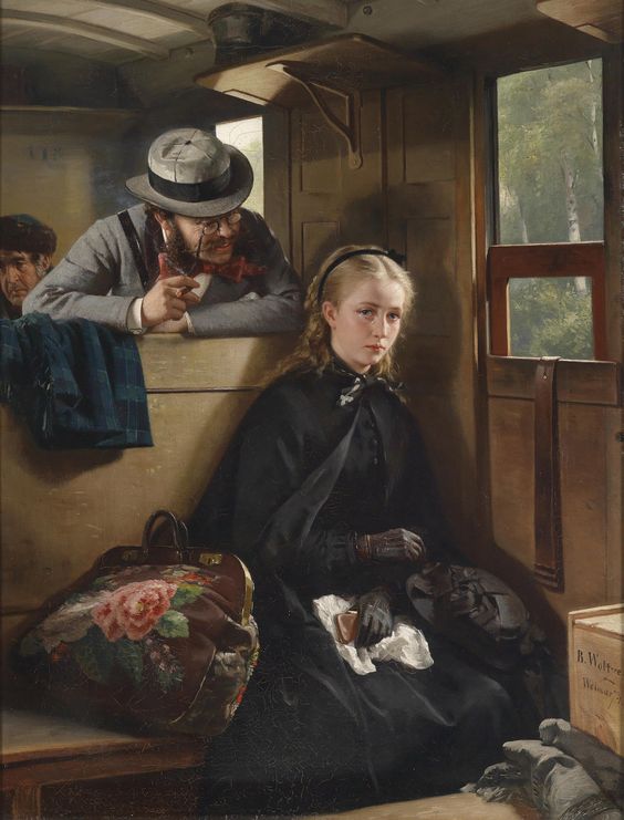 A young woman sits on a train being annoyed by an older man