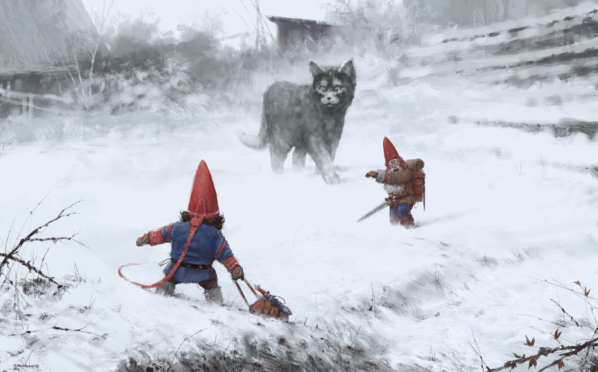 Two tiny gnomes face a terrifying giant cat in the snow