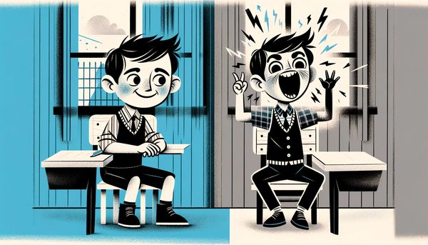 A wide image in a naive, whimsical, editorial illustration style, depicting a child's contrasting behavior in two different setting