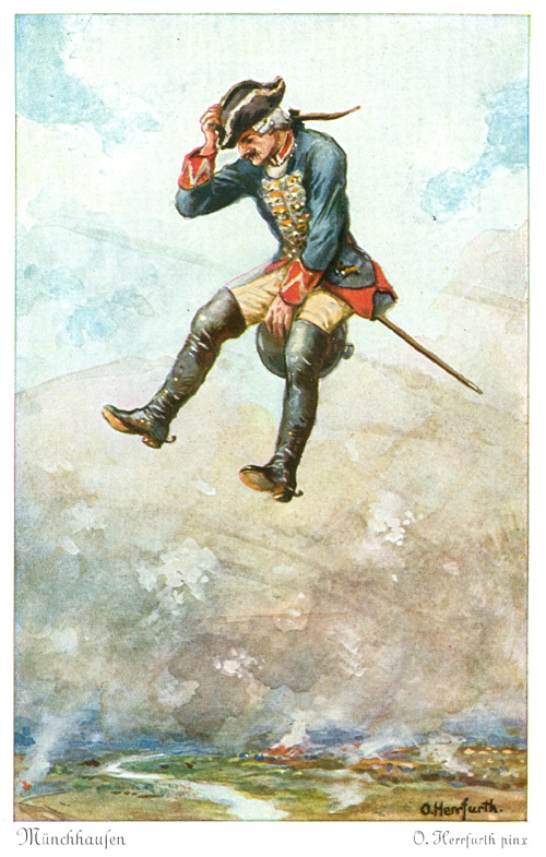 Baron Munchausen rides a cannonball by Oskar Herrfuth