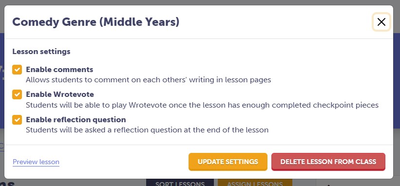 Comment threads, Wrotevote, and reflection questions can be enabled or disabled for lessons.