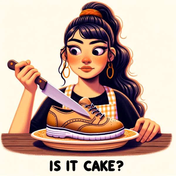 A whimsical illustration inspired by the 'Is it cake ' meme. The scene features a young Latina woman holding a knife, preparing to cut into a shoe.