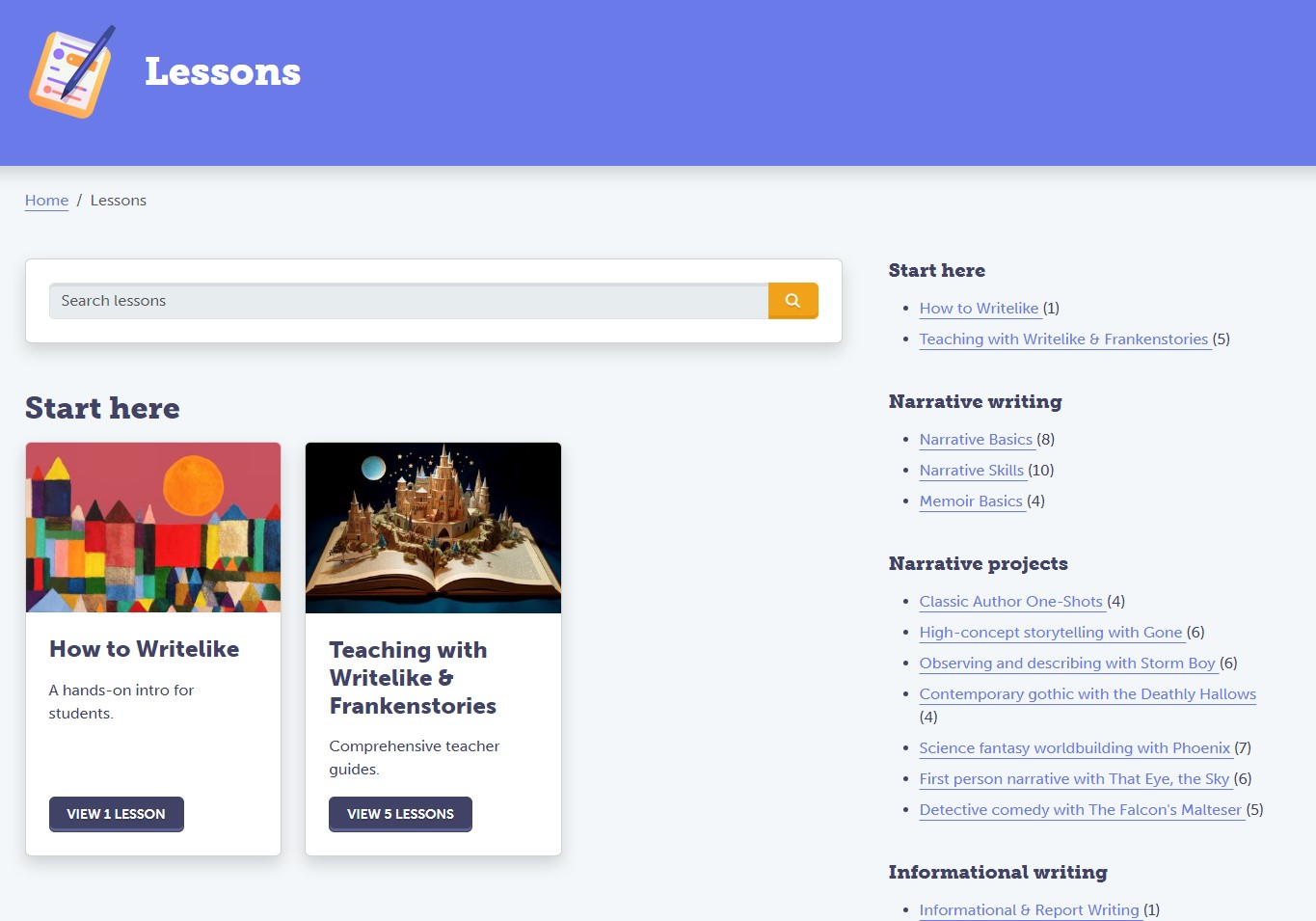 The lesson library lets you browse lessons by topic, or search for specific lessons.