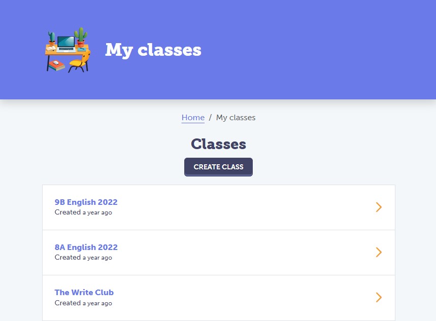 Screenshot of My Classes showing a list of classes