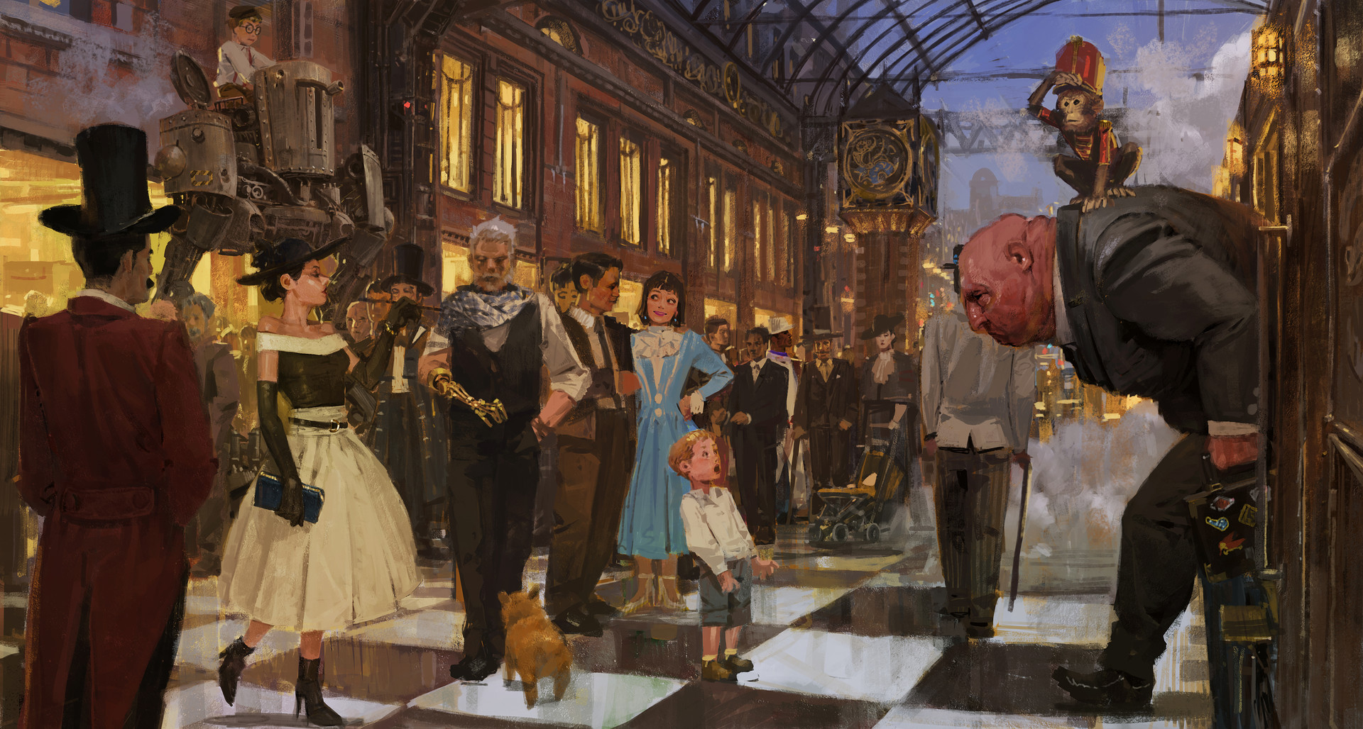 Crowded steampunk train station with old timey people and a robot