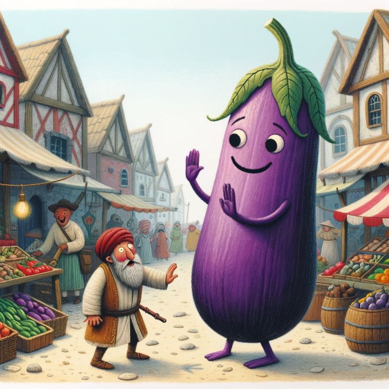 an animated aubergine playfully bullying a stallholder in a bustling fantasy marketplace