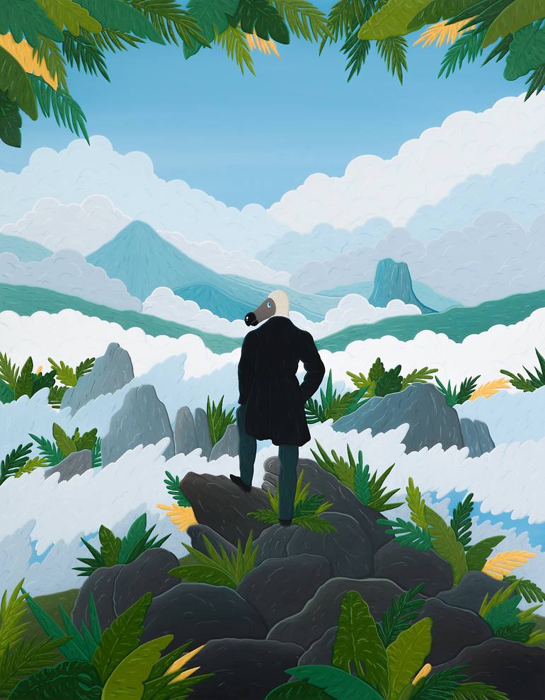 A dodo in a suit stands on a mountain looking at a sea of fog below