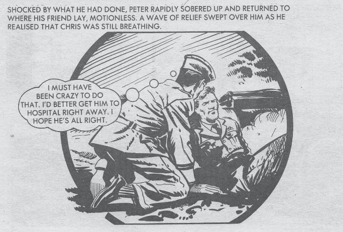 Comic panel from Commando Comics in which a World War 2 crew member has run over a pilot while drunk and is helping him up and feeling a wave of relief that he is still breathing