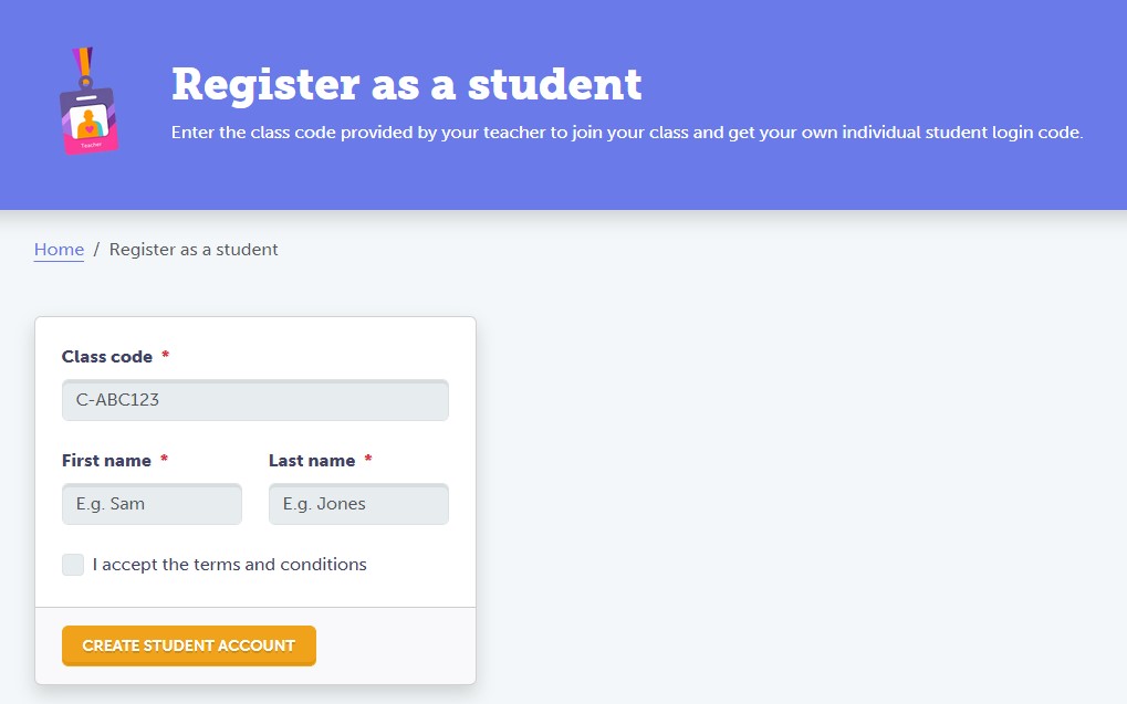 The register student form has a field for the 6-digit alphanumeric class code