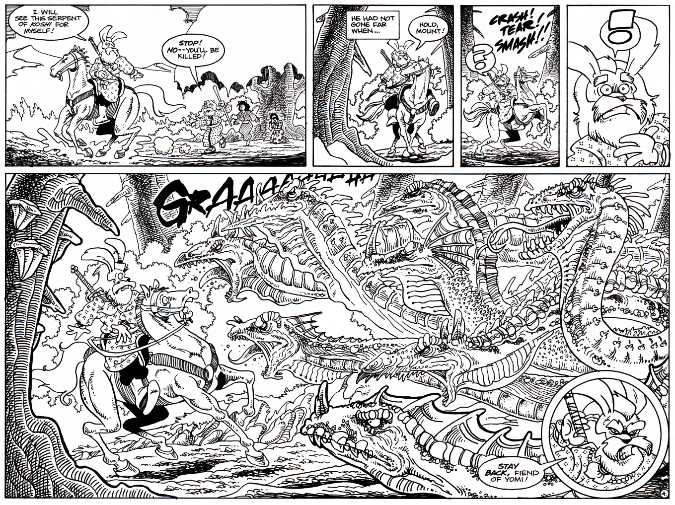Spread from Usagi Yojimbo comic in which Susan-o leaves to find a serpent is startled by it in the woods is terrified but then fights back