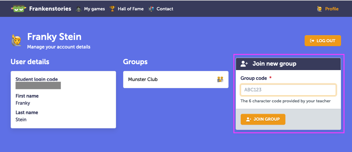 Students can find where to add new group codes on their profile page.