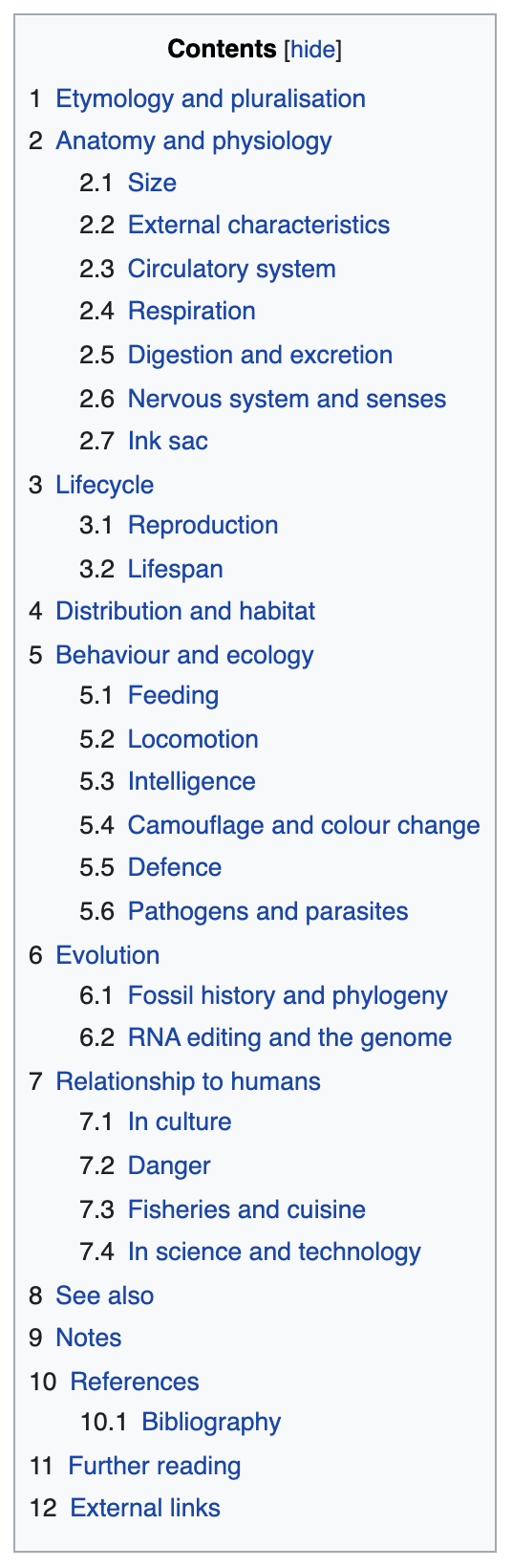 Table of Contents from the Octopus article on Wikipedia