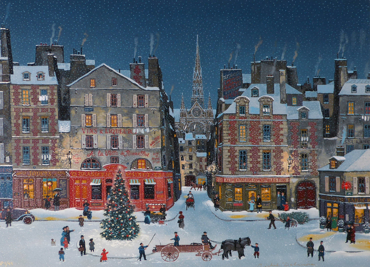 Michel Delacroix' painting of a snowy street at Christmas in Paris
