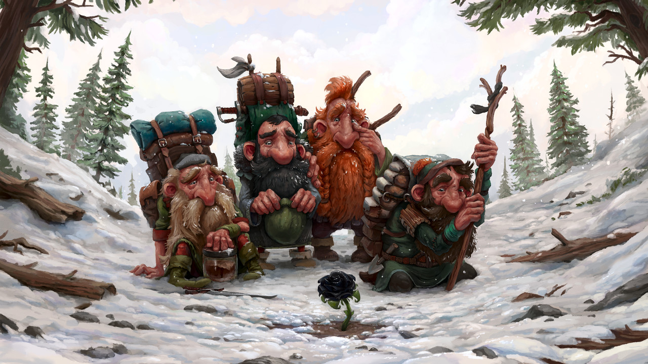 Picture of four dwarves in the snow looking at a black rose