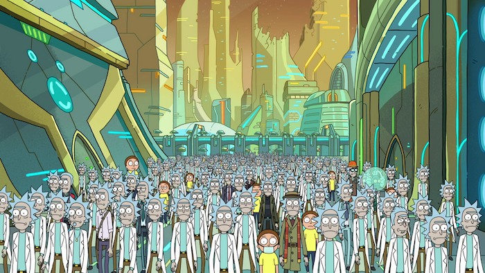 Establishing shot of crowd from Rick and Morty