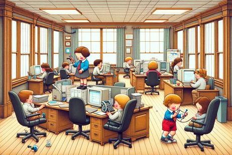 A whimsical, naive illustration in a wide format, depicting kids attempting to work in a typical corporate office