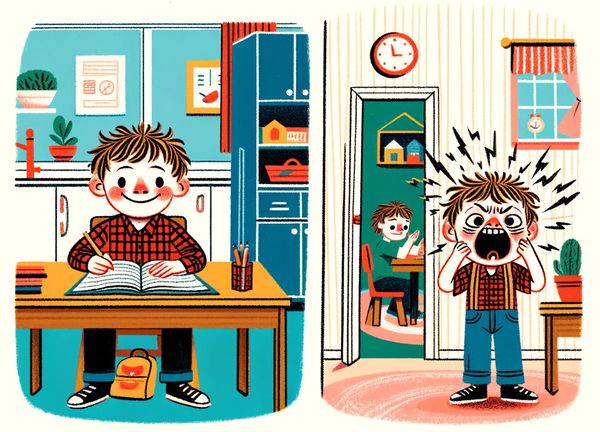 A wide image in a naive, whimsical, editorial illustration style, depicting a child's contrasting behavior in school and at home, with a clearer home