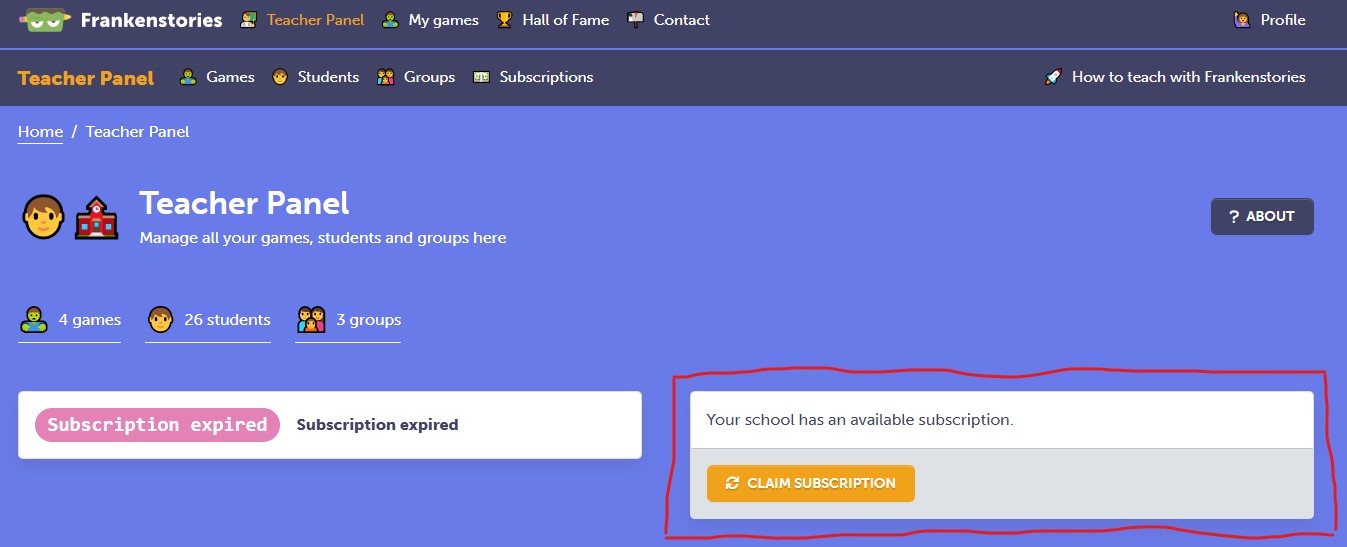 The claim subscription button appears on the teacher panel page when a teacher's current subscription has expired and there is a subscription available in their school