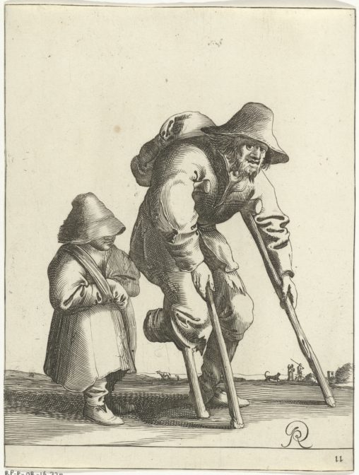 A medieval Dutch beggar walks with his child
