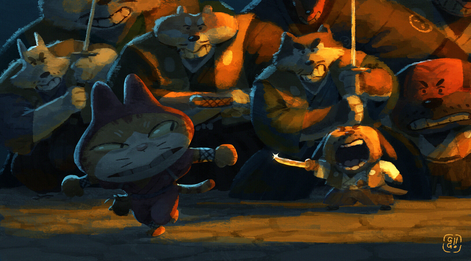 Painting of a small samurai dog yelling at a ninja cat